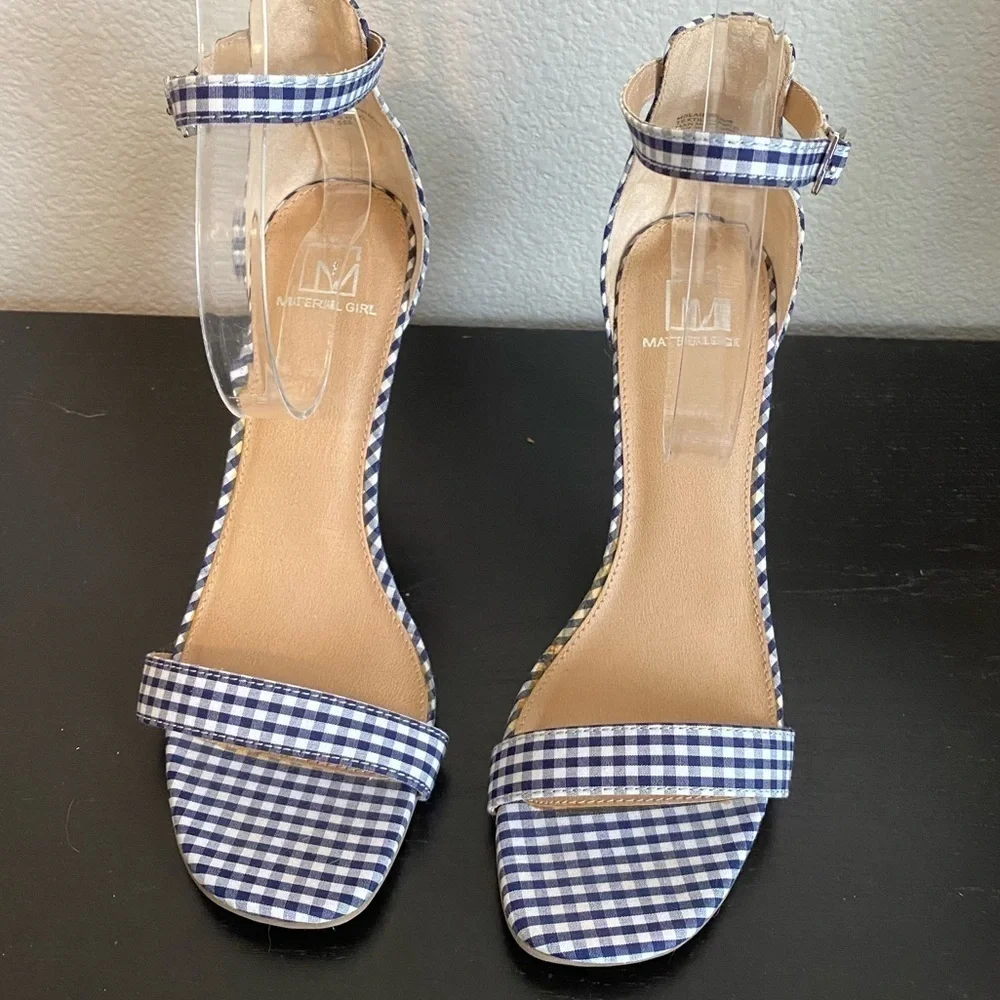 Material Girl Gingham Checkered Plaid Heels Size 9 Navy Blue White Coquette